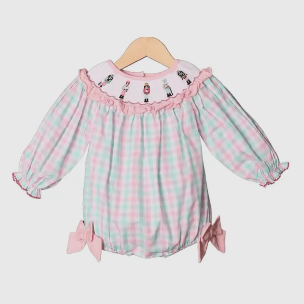 Pink and Blue Checkered Nutcracker Embroidered Baby Smock